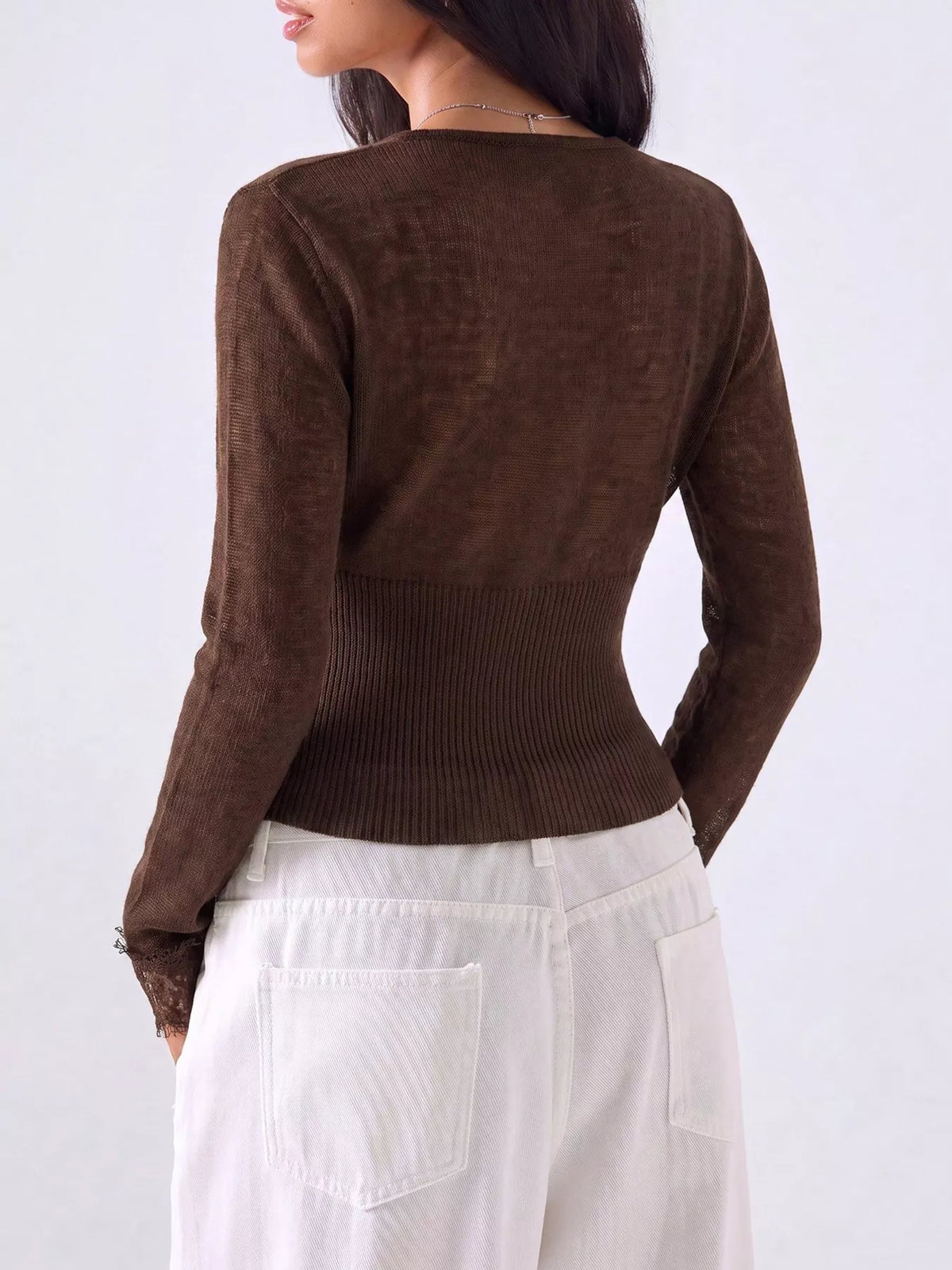 Lace-Trimmed V-Neck Button-Down Cardigan - Lilixa.store