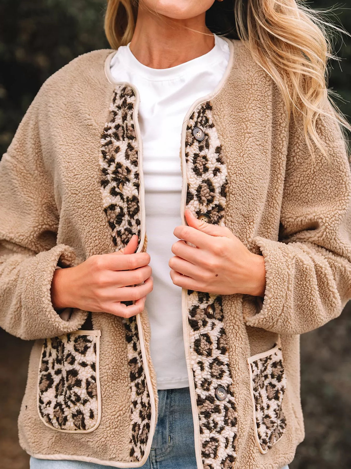 Casual Leopard Print Accent Plush Jacket with Pockets in Camel, view 2