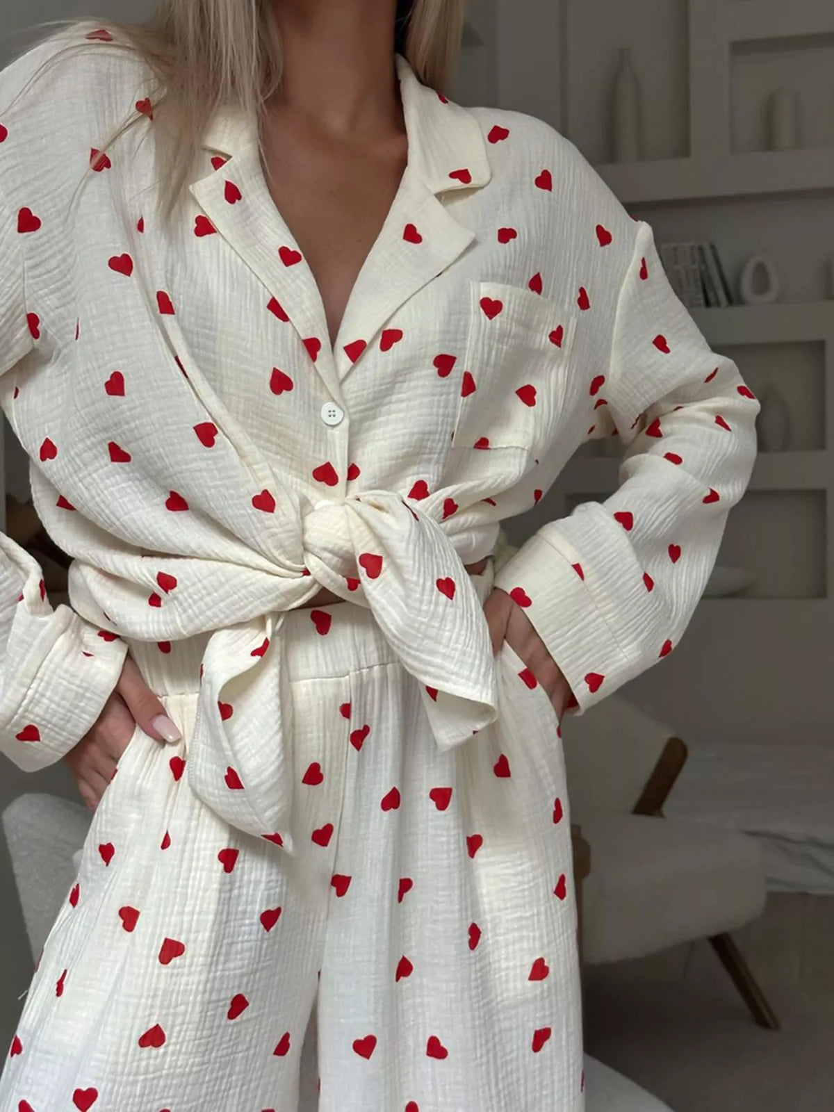 Heart Print Button Up Top and Pants Lounge Set - Lilixa.store