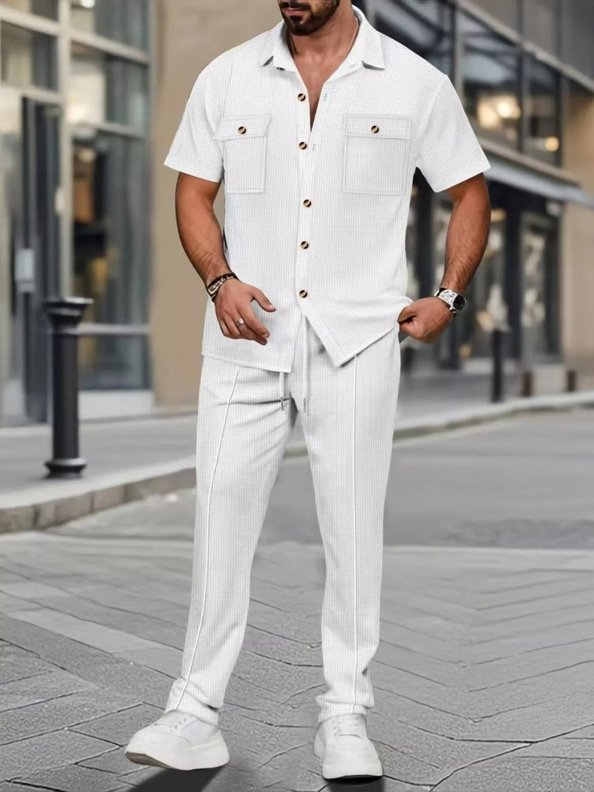 Men's Full Size Casual Short Sleeve Shirt and Pants Set Plus Size in White