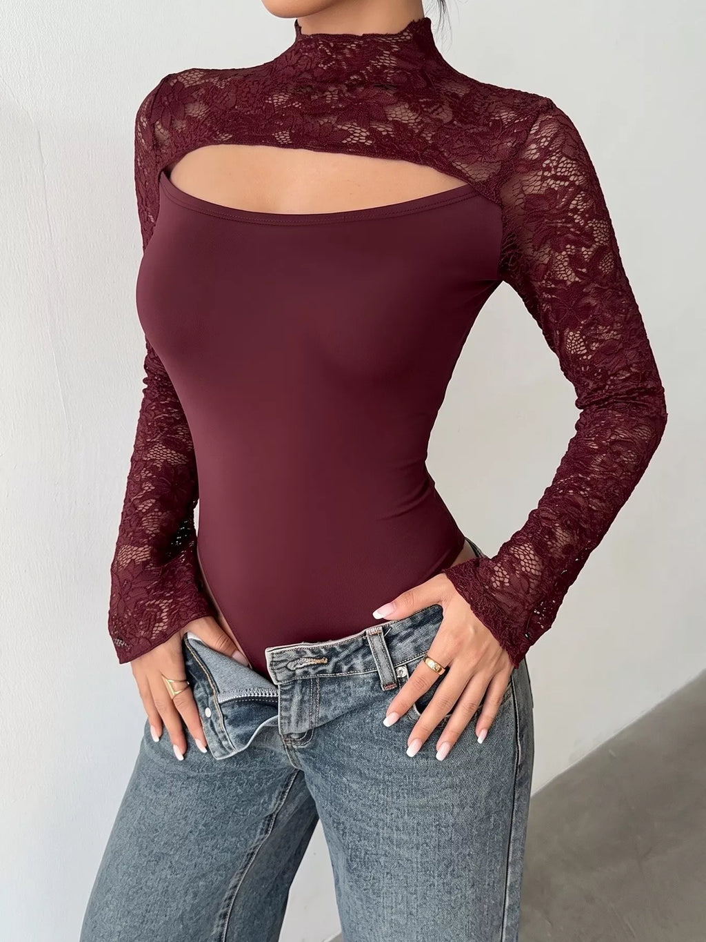 Lace Cut-out Flare Sleeve Bodysuit - Lilixa.store