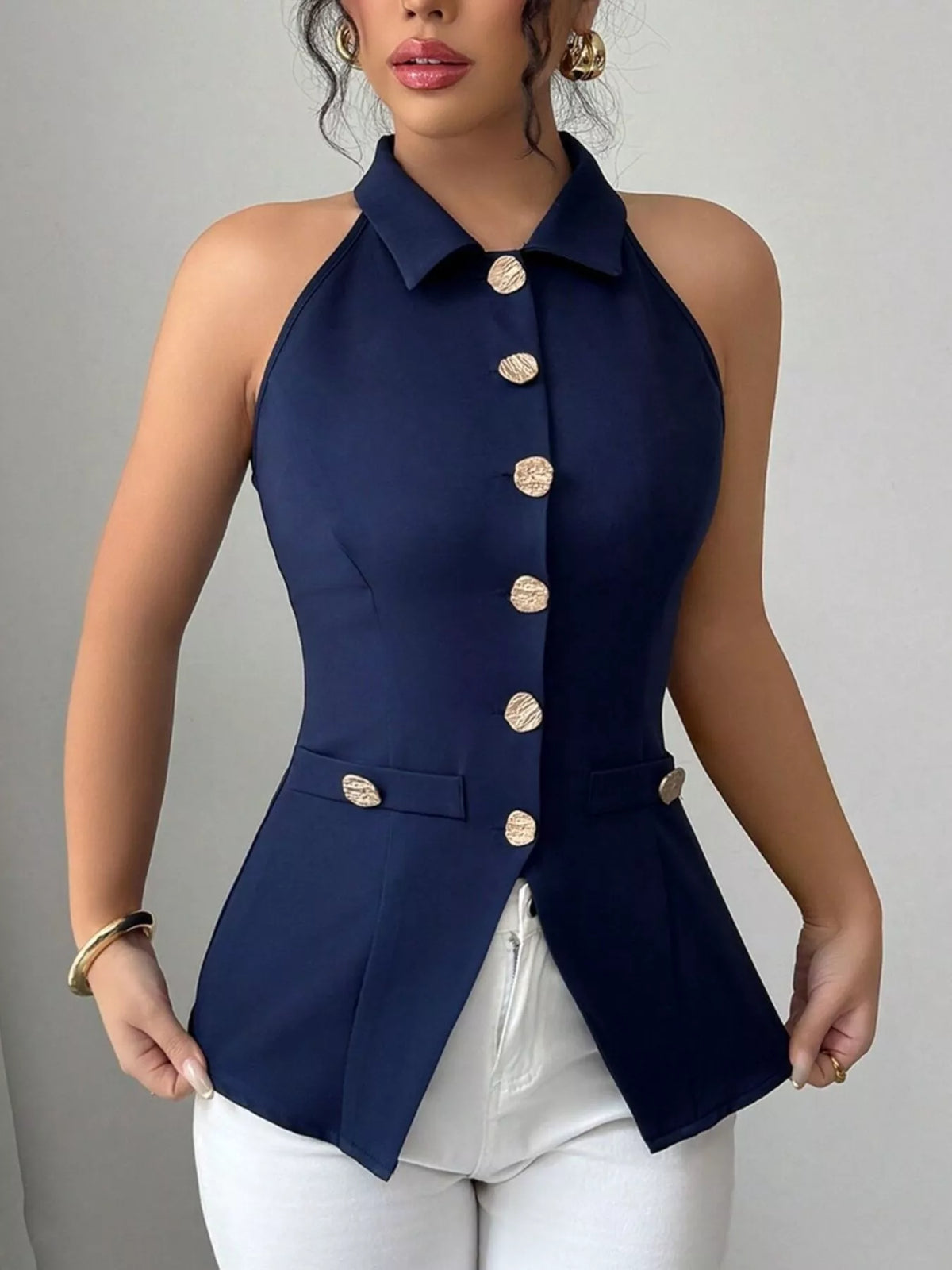 Sleeveless Lapel Collar Button-Down Vest - Lilixa.store