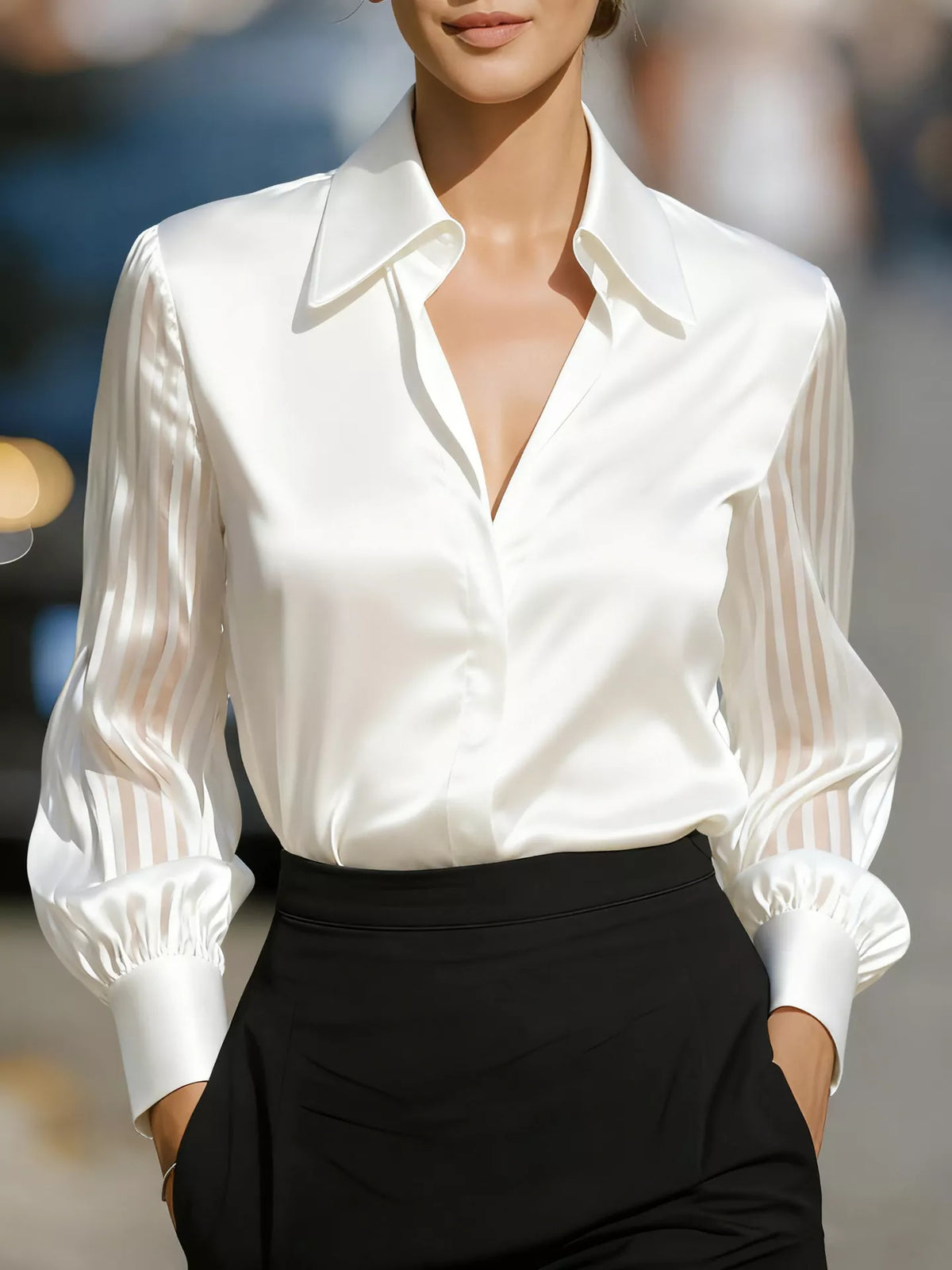 Elegant Shirt with Sheer Striped Sleeves in White