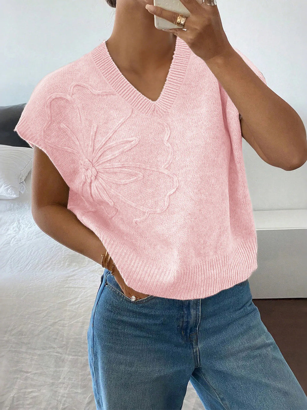Ribbed Hem V-Neck Short Sleeve Sweater - Lilixa.store