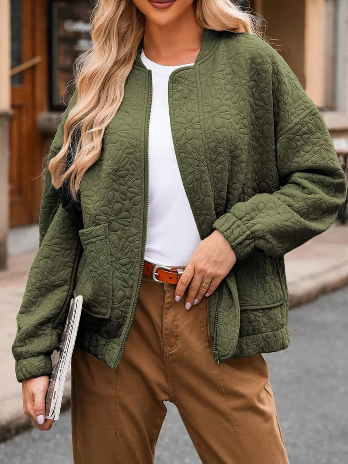Full Size Floral Quilted Zip Up Jacket Plus Size in Olive Green