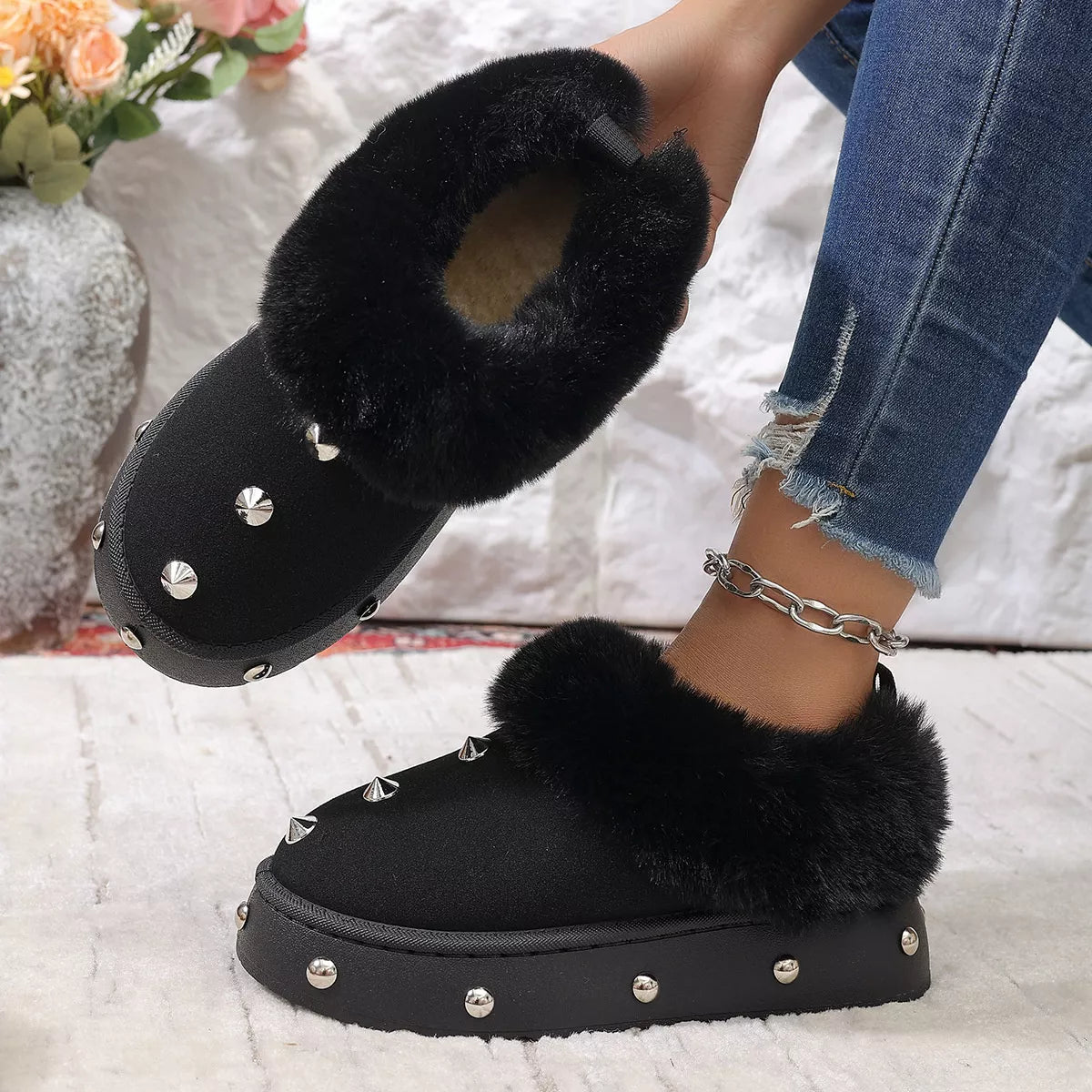 Studded Platform Faux Fur Lined Winter Boots - Lilixa.store