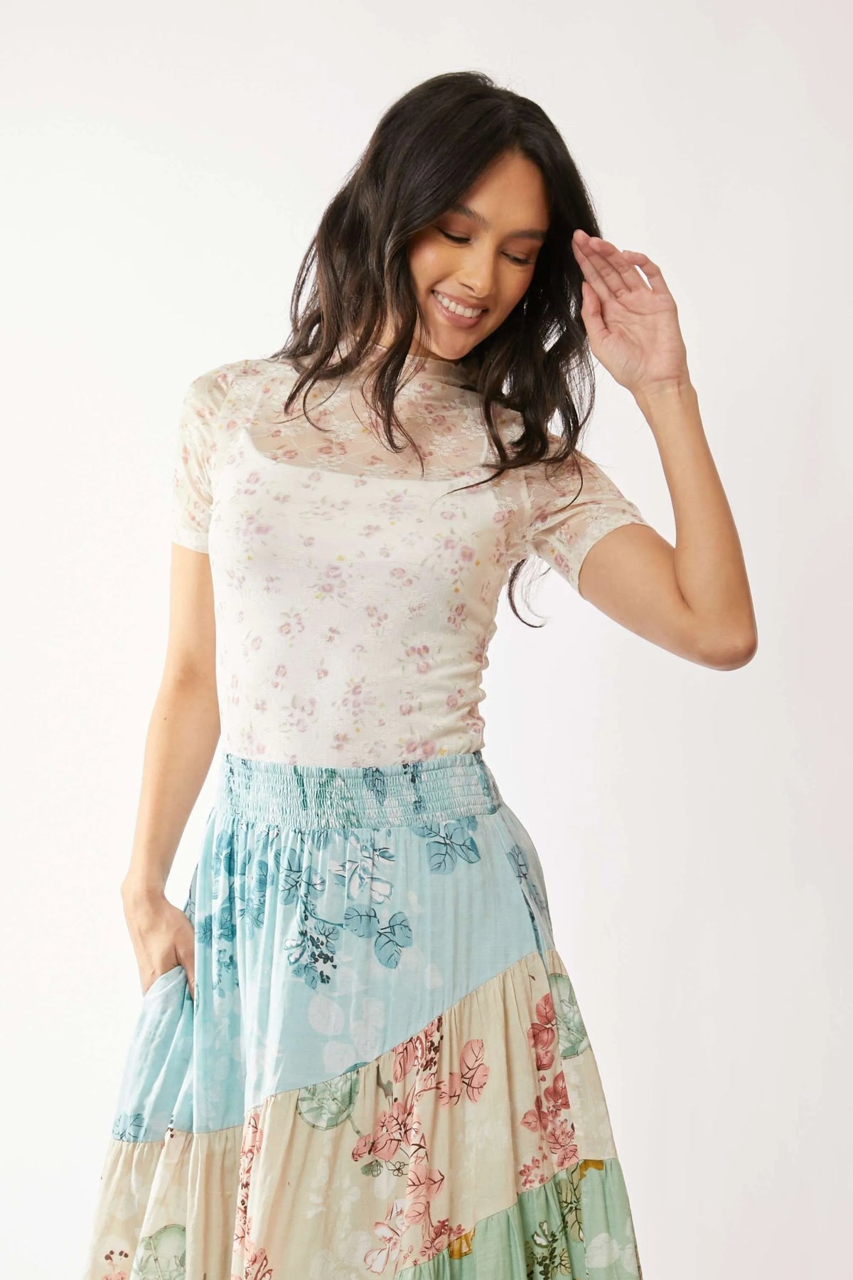 Davi & Dani Floral Mesh Mock Neck Short Sleeve Top - Lilixa.store