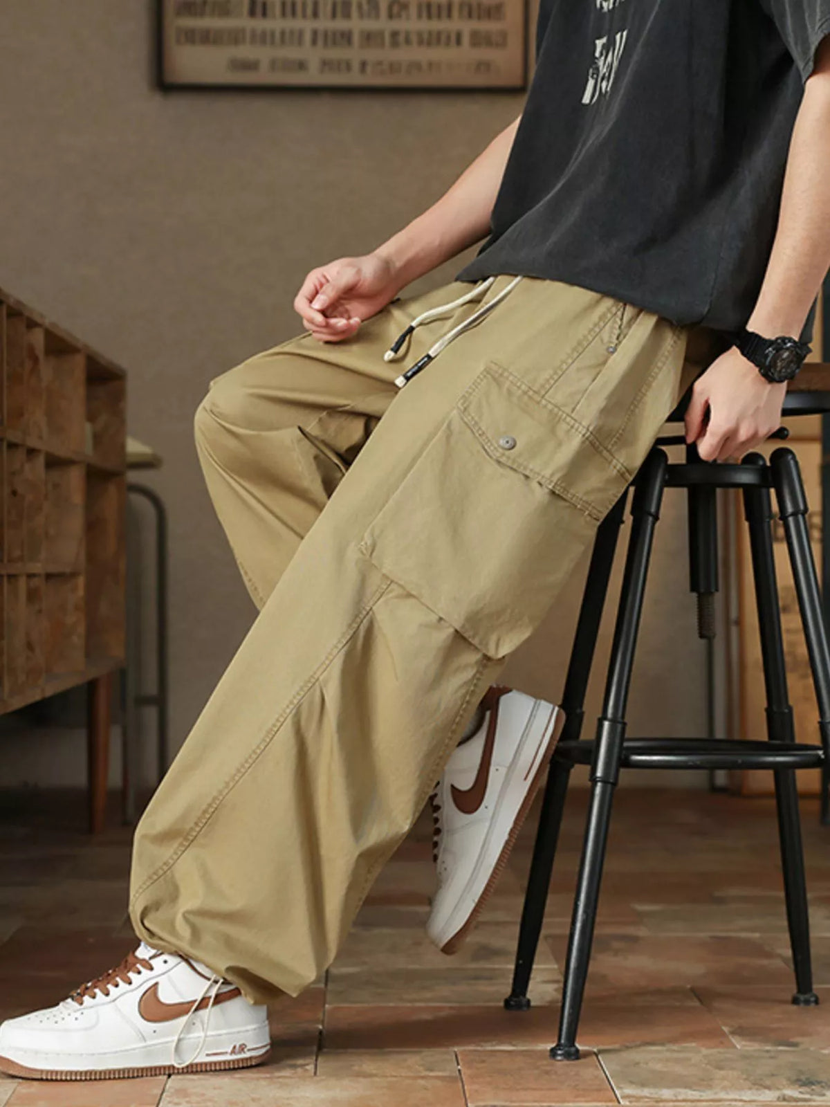 Men's Plus Size Casual Loose Fit Cargo Pants in Khaki