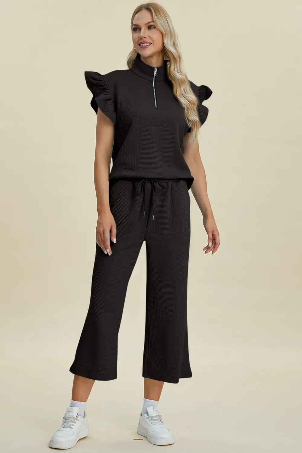 Double Take Full Size Texture Ruffle Short Sleeve Top and Wide Leg Pants Set, view 28