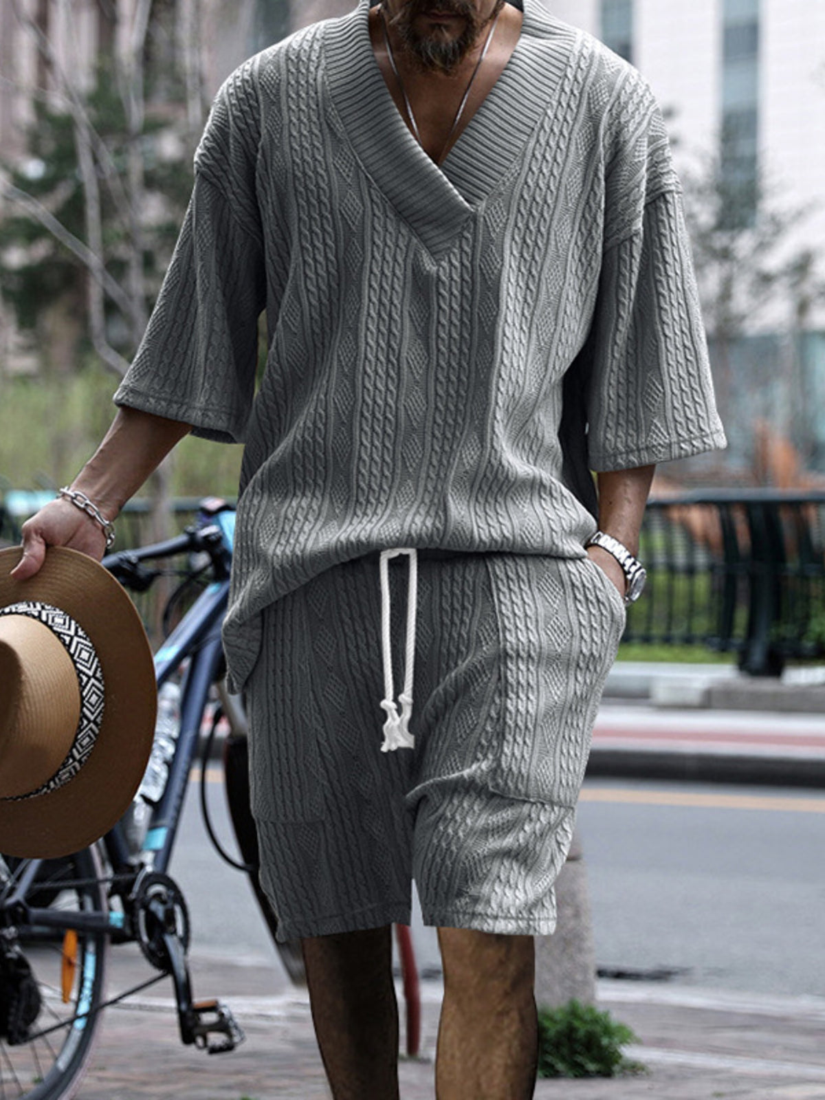 Men's Full Size Casual Knit V-Neck Short Sleeve Top and Shorts Set Plus Size - Lilixa.store