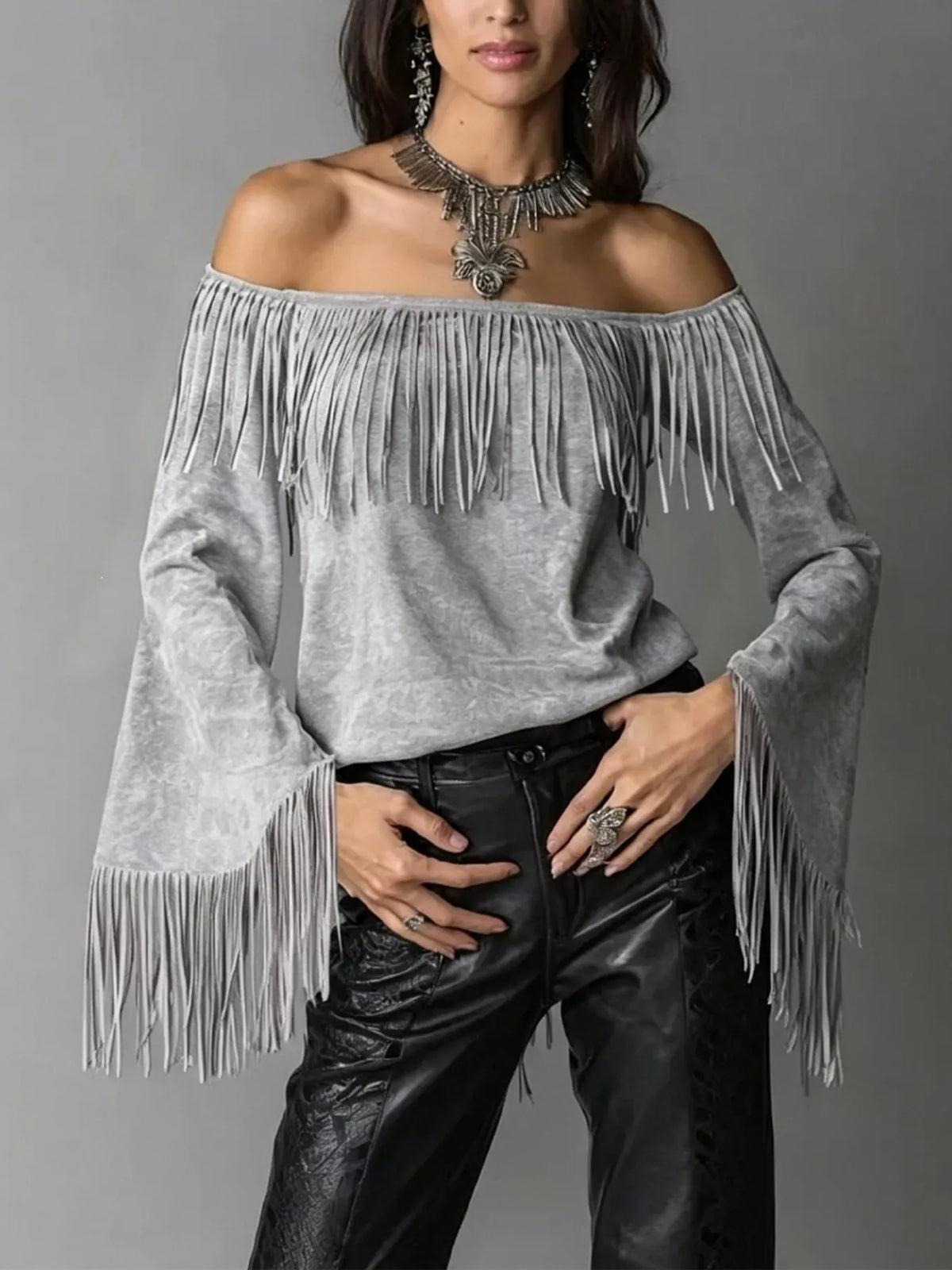Full Size Fringed Off-Shoulder Flare Sleeve Top Plus Size - Lilixa.store