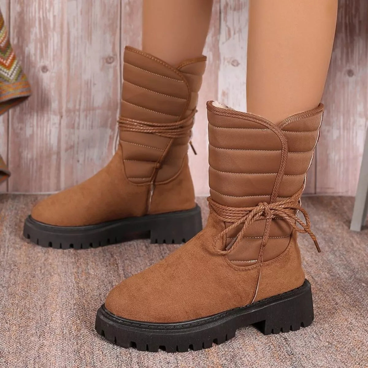 Quilted Lace-Up Mid-Calf Boots, view 10