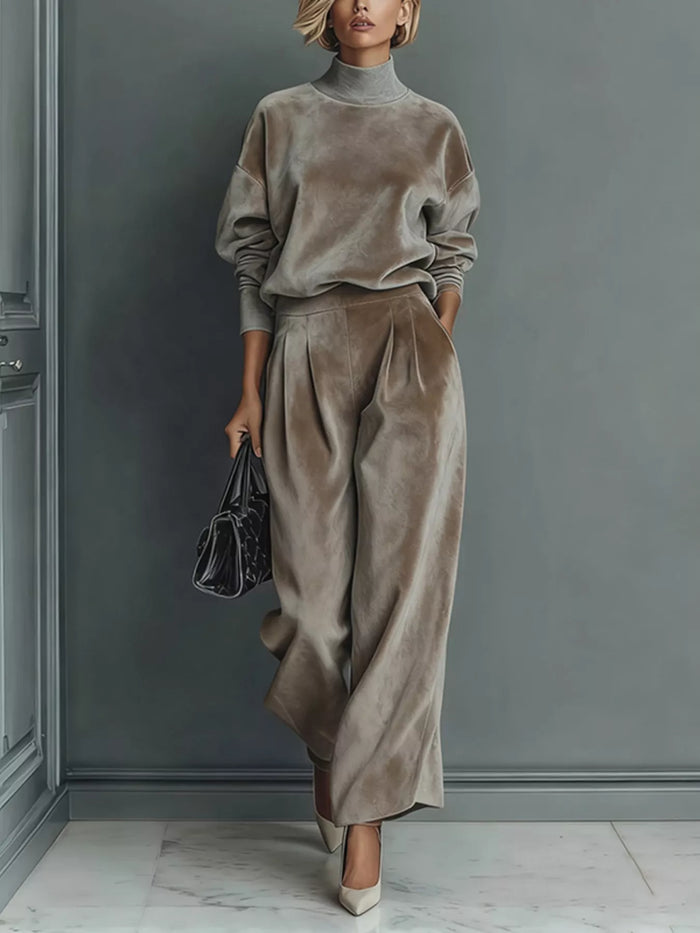 Full Size Elegant Velvet Mock Neck Long Sleeve Top and Wide-Leg Pants Set Plus Size