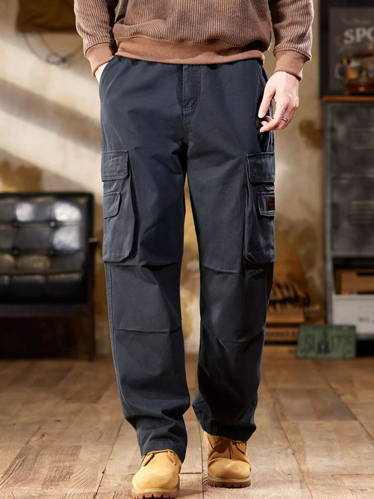 Men's Full Size Elastic Waist Cargo Pants Plus Size in Grey