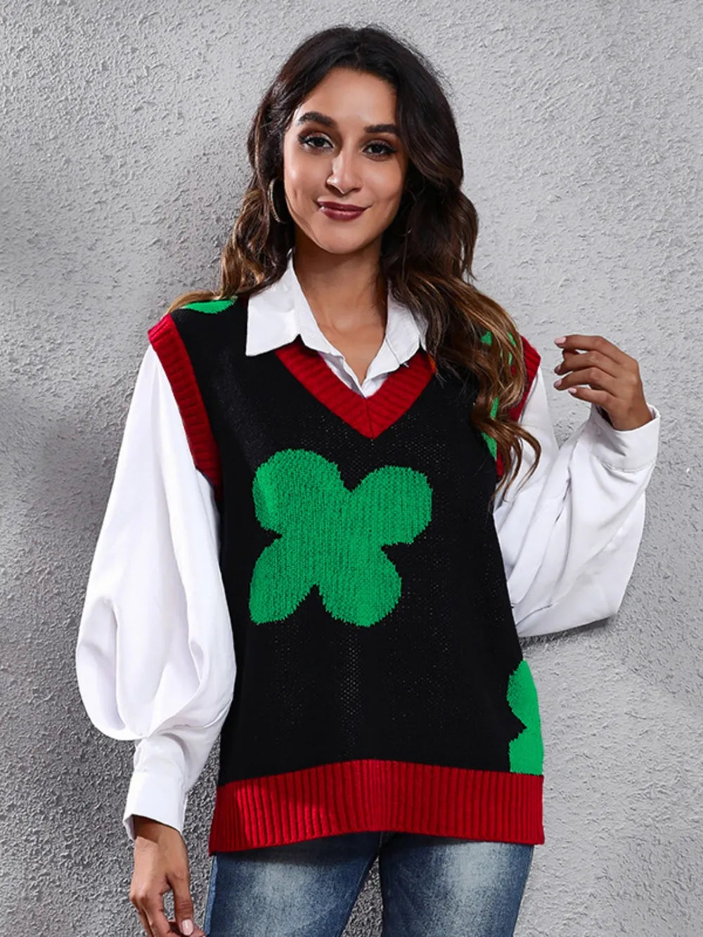 Four Leaf Clover V-Neck Sweater Vest in Black