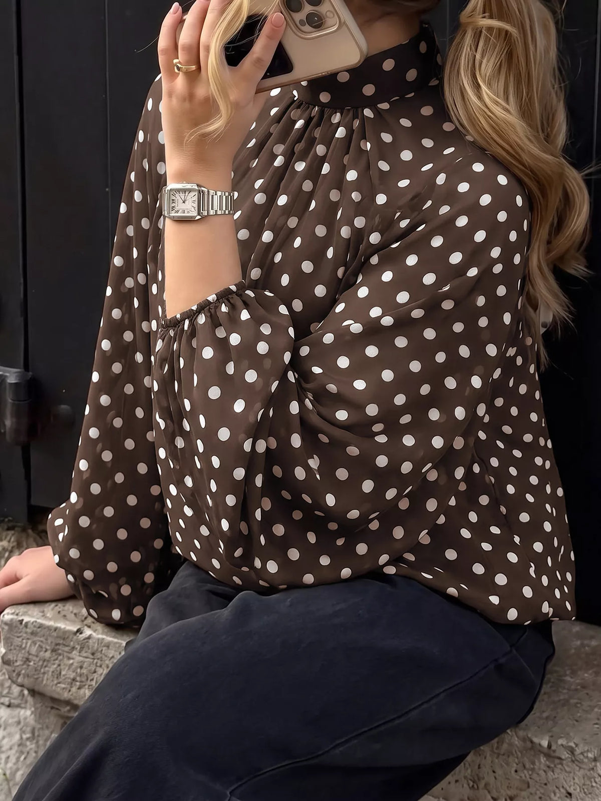 Polka Dot Mock Neck Long Sleeve Blouse - Lilixa.store