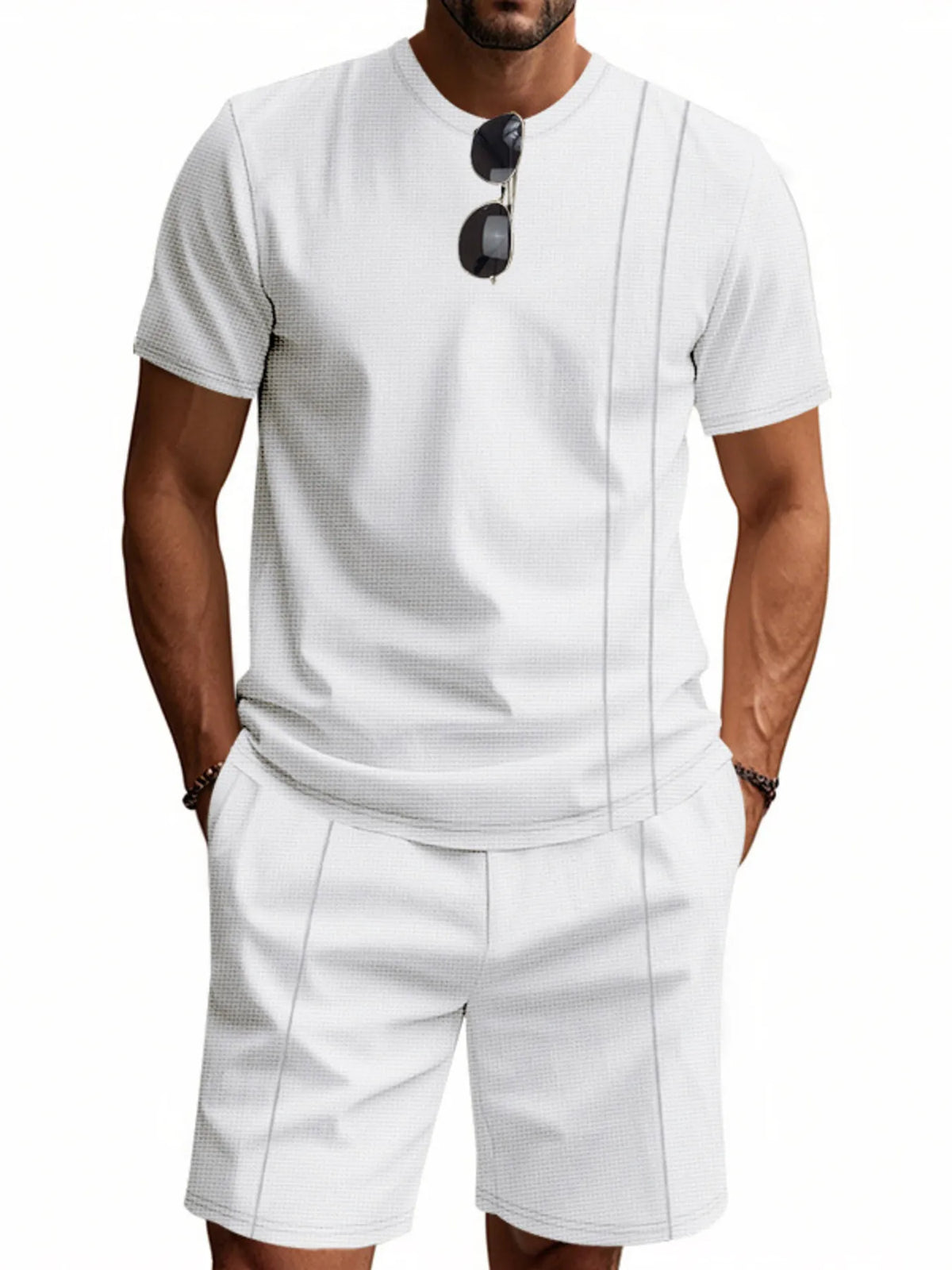 Men's Full Size Round Neck Short Sleeve Top and Shorts Set Plus Size in White