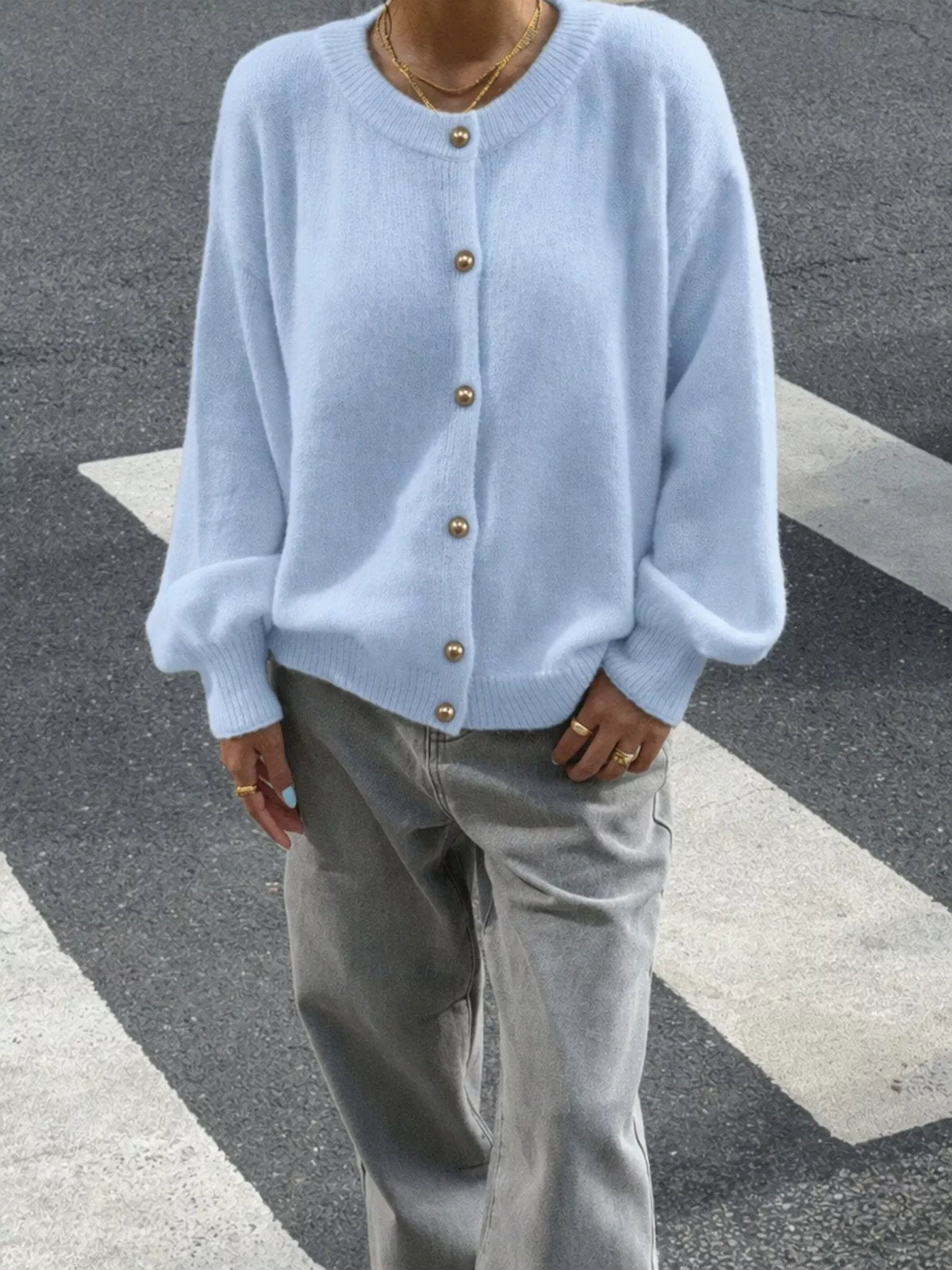 Classic Button-Down Knit Cardigan in Blue