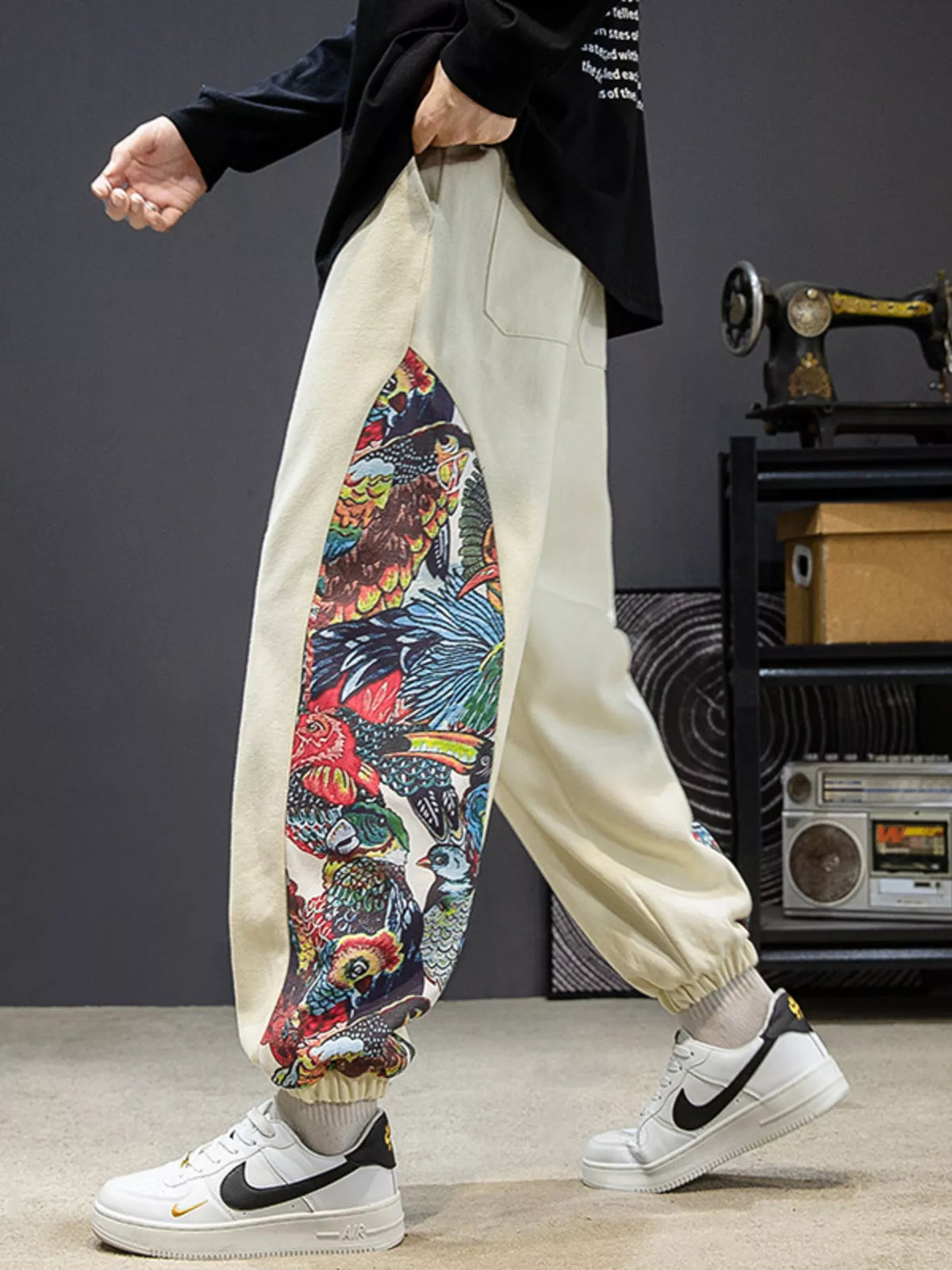 Men's Plus Size Printed Side Panel Joggers in Off White