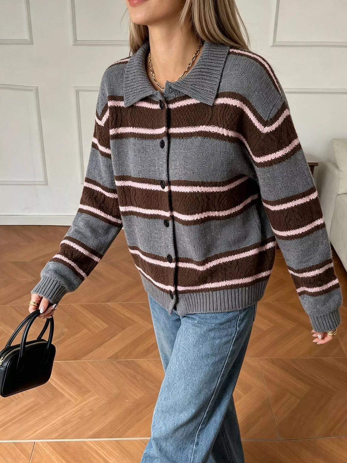 Vintage-Inspired Striped Knit Cardigan with Polo Collar, view 13