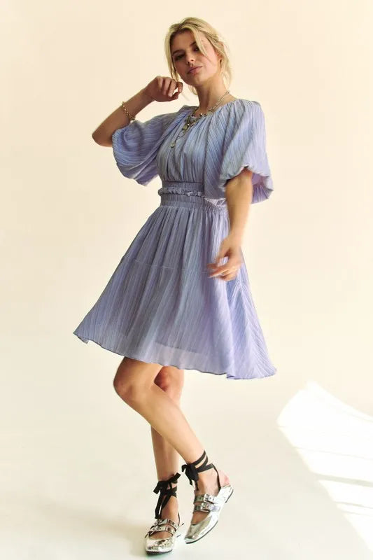 Davi & Dani Back Button Puff Sleeve Mini Dress - Lilixa.store