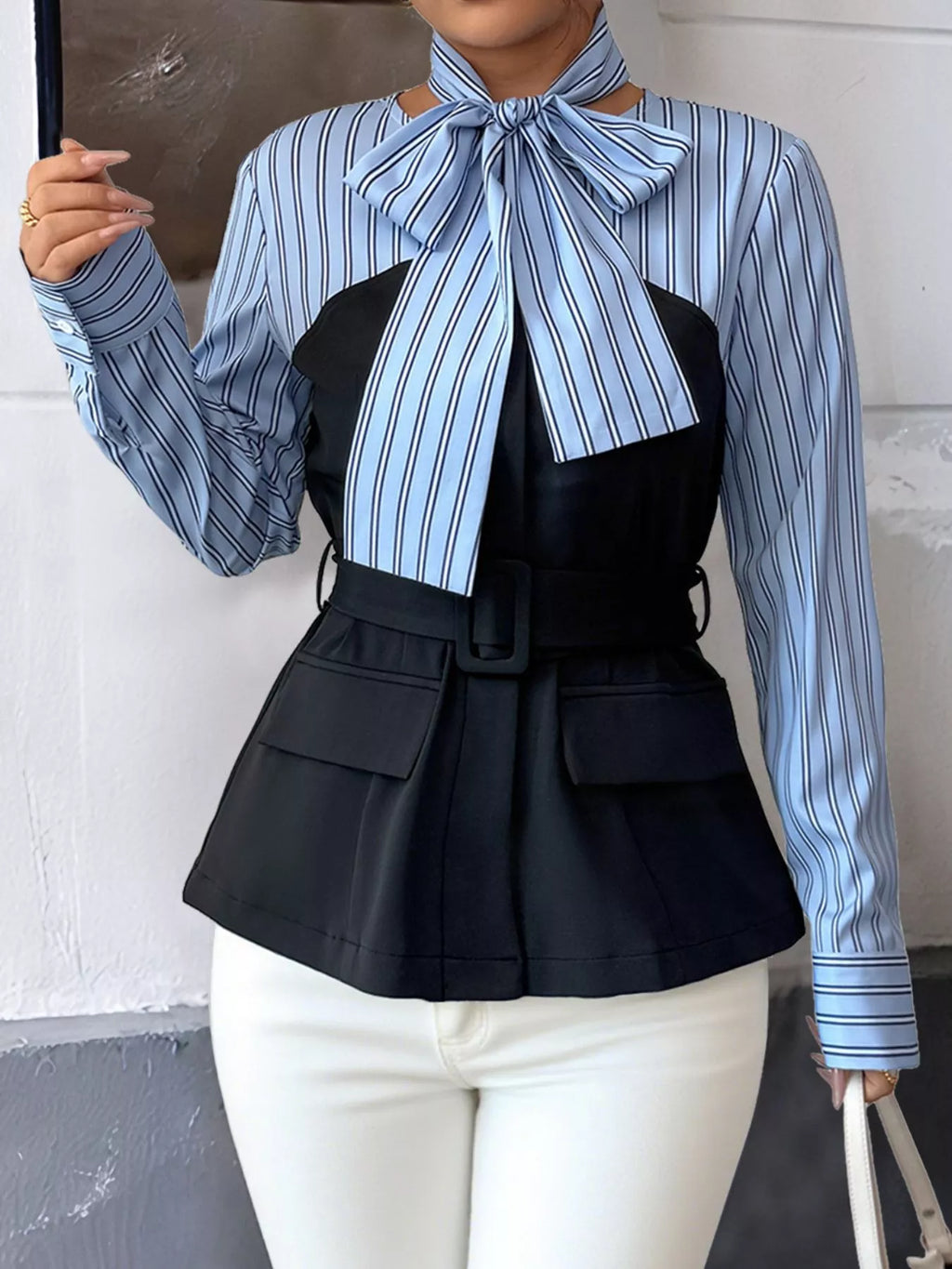 Striped Long Sleeve Blouse with Bow Tie - Lilixa.store