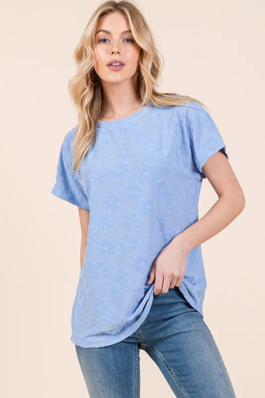 BOMBOM Textured Floral Pattern Short Sleeve T-Shirt - Lilixa.store