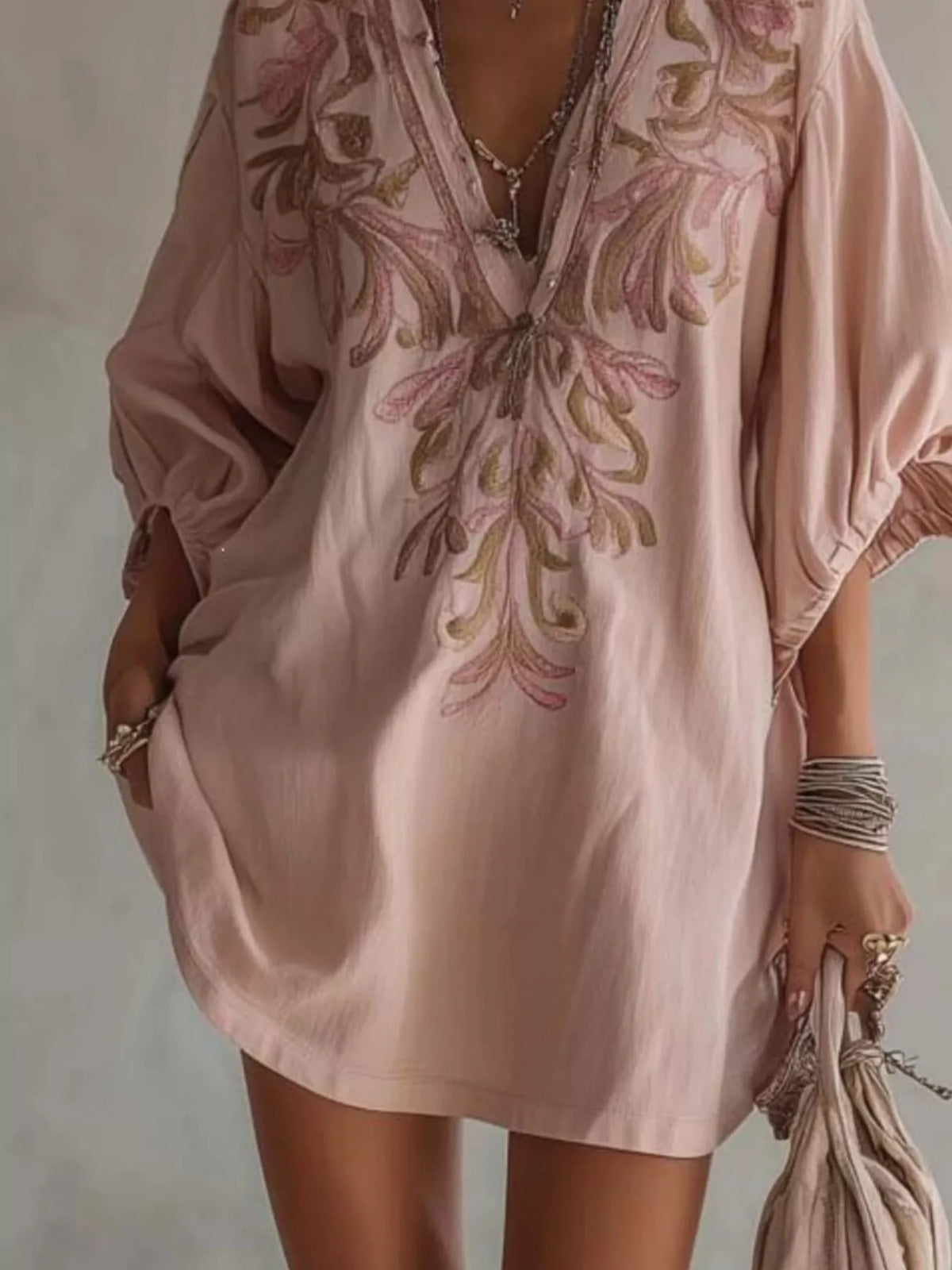 Full Size Embroidered V-Neck Mini Dress Plus Size - Lilixa.store