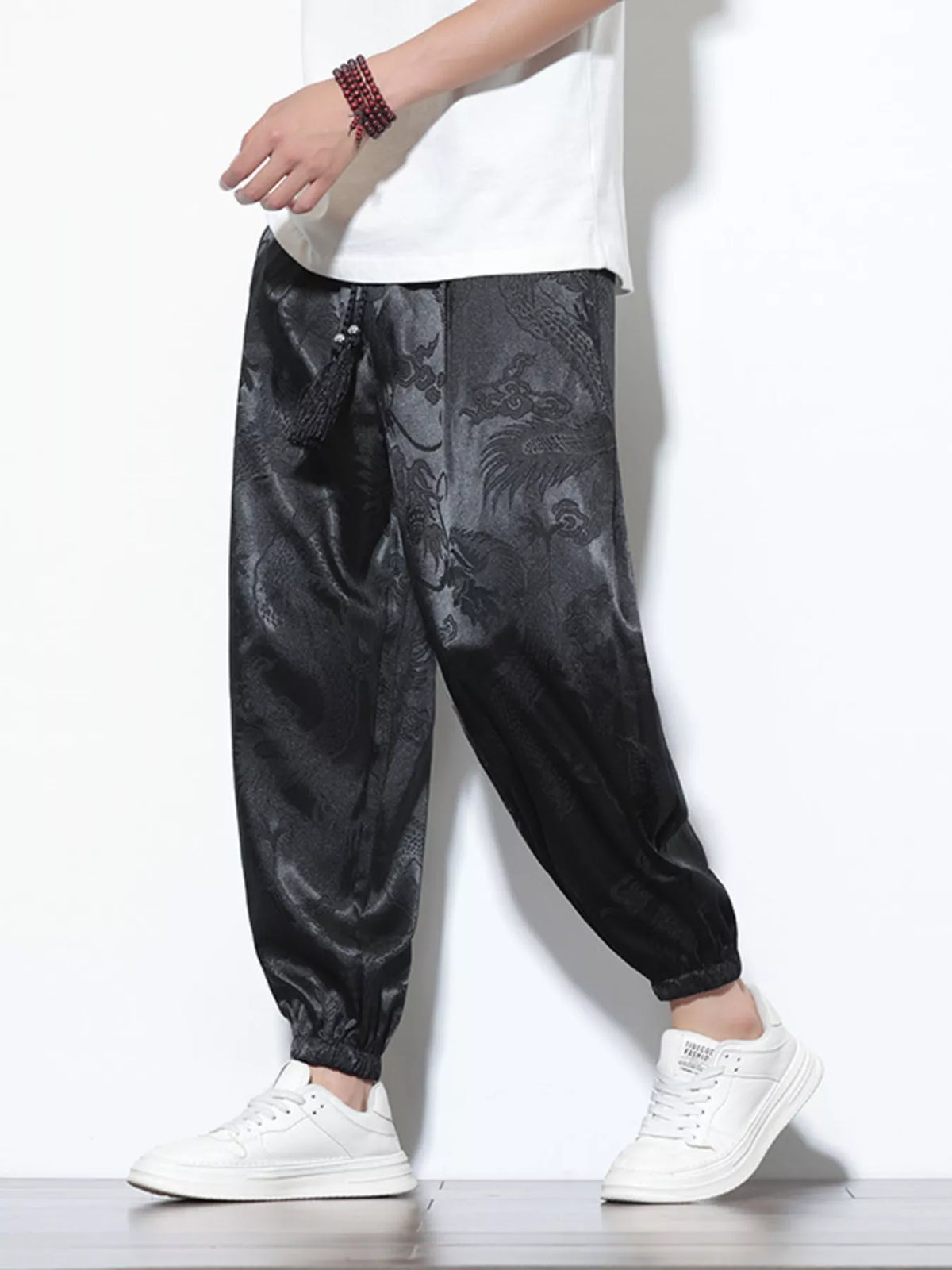 Men's Plus Size Dragon Pattern Silk Joggers, view 3