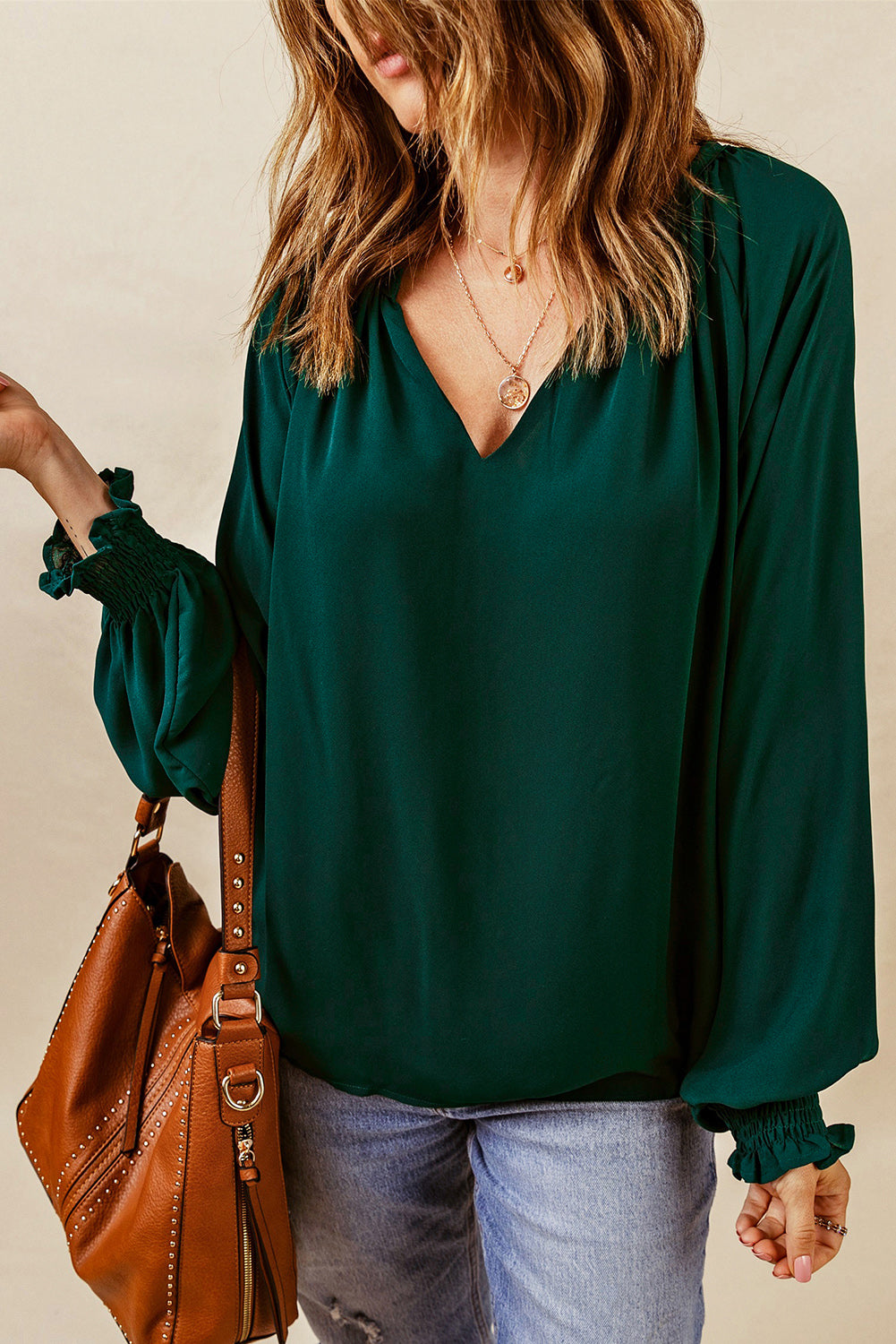 Notched Neck Lantern Sleeve Blouse, view 13