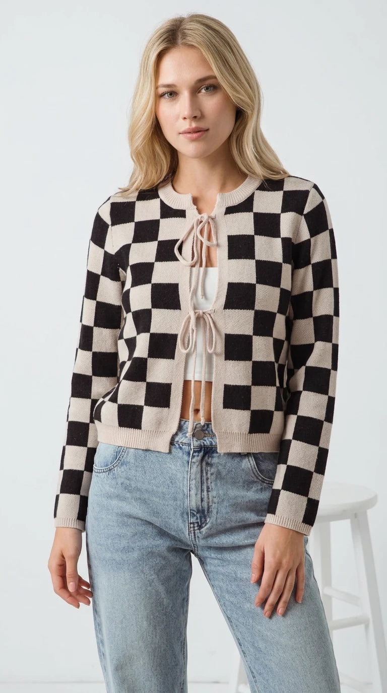 Double Take Full Size Checkered Tie Front Long Sleeve Cardigan in Black