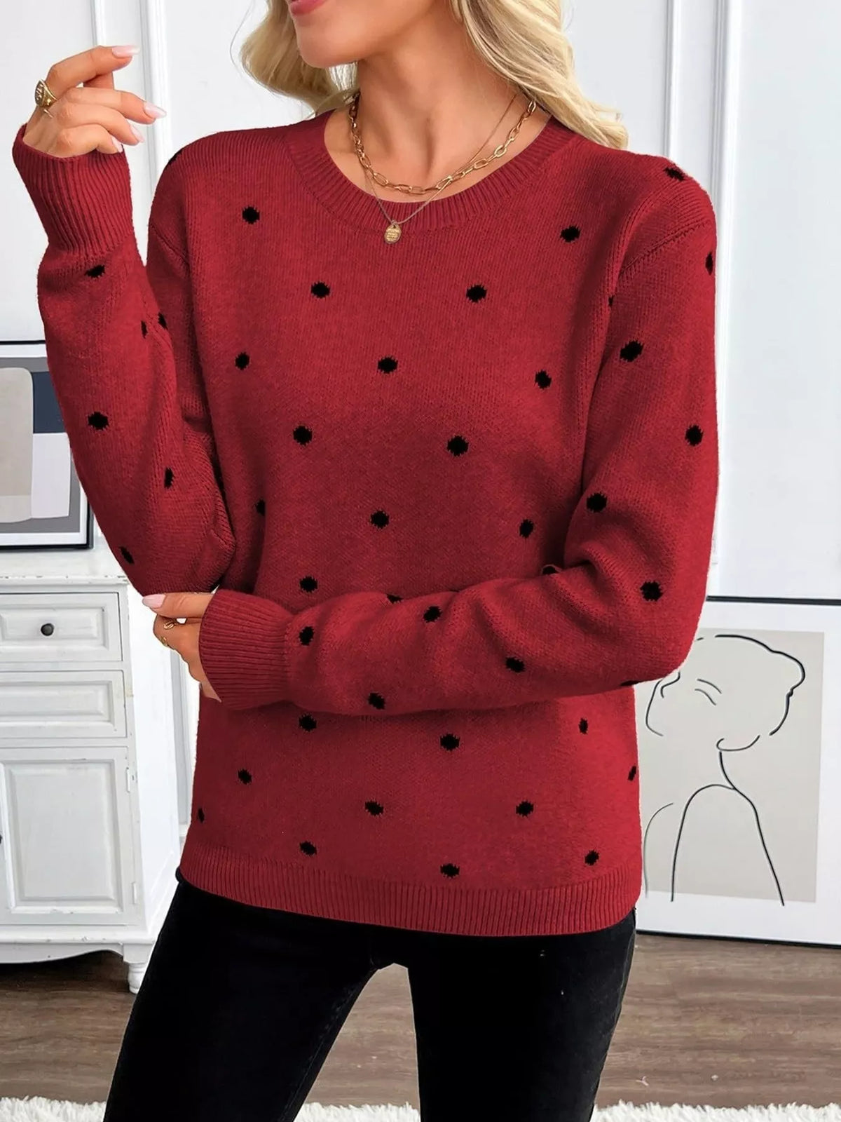 Polka Dot Crew Neck Sweater - Lilixa.store