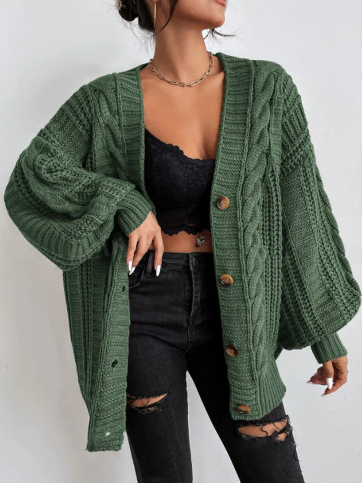 Cable Knit V-Neck Button-Down Cardigan - Lilixa.store