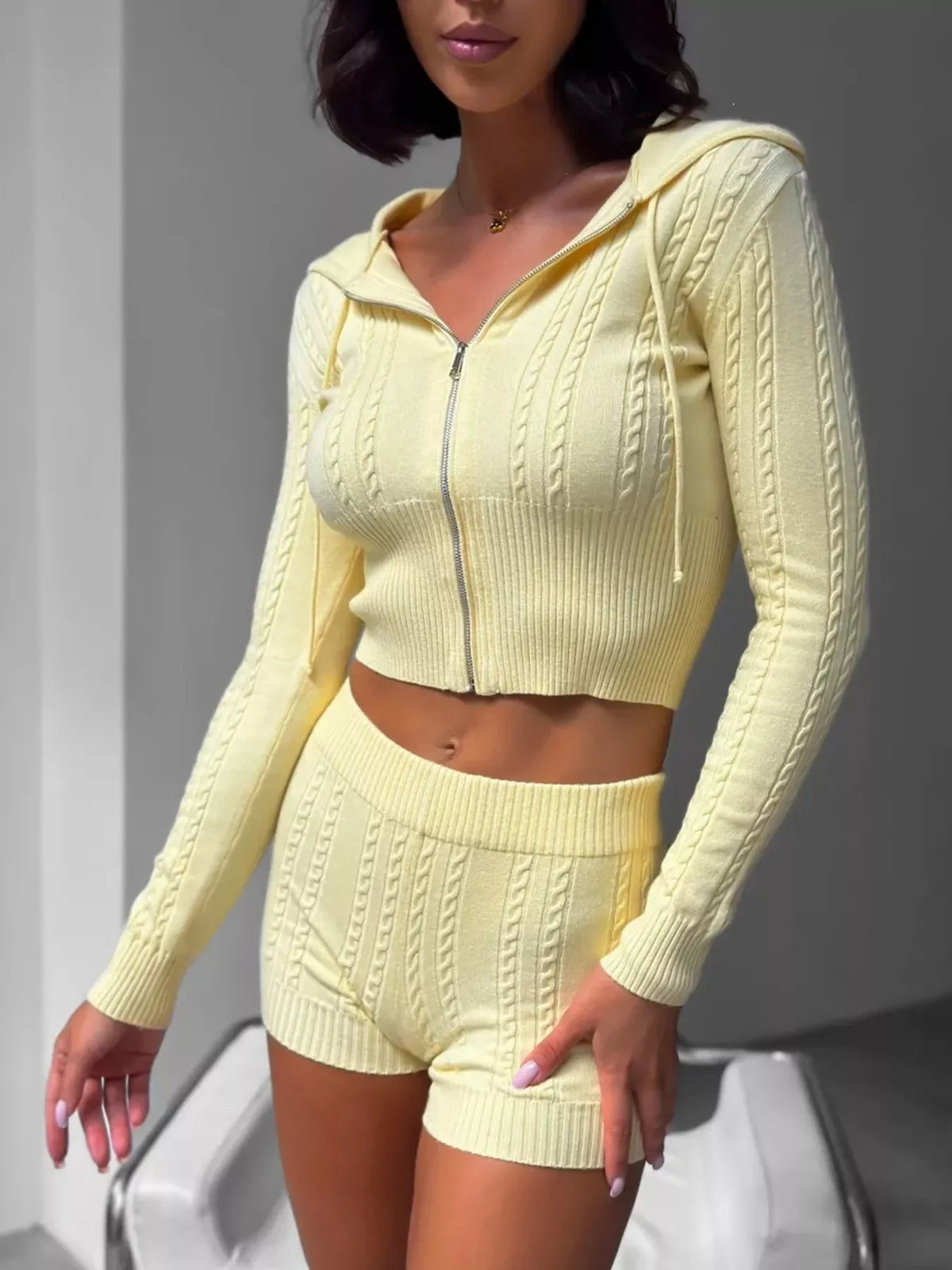 Cable Knit Zip-Up Hooded Top and Shorts Lounge Set - Lilixa.store