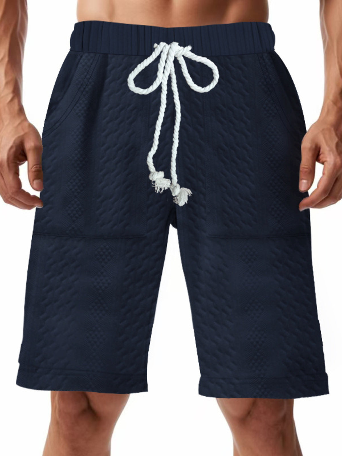 Men's Full Size Texture Drawstring Shorts Plus Size in Navy Blue