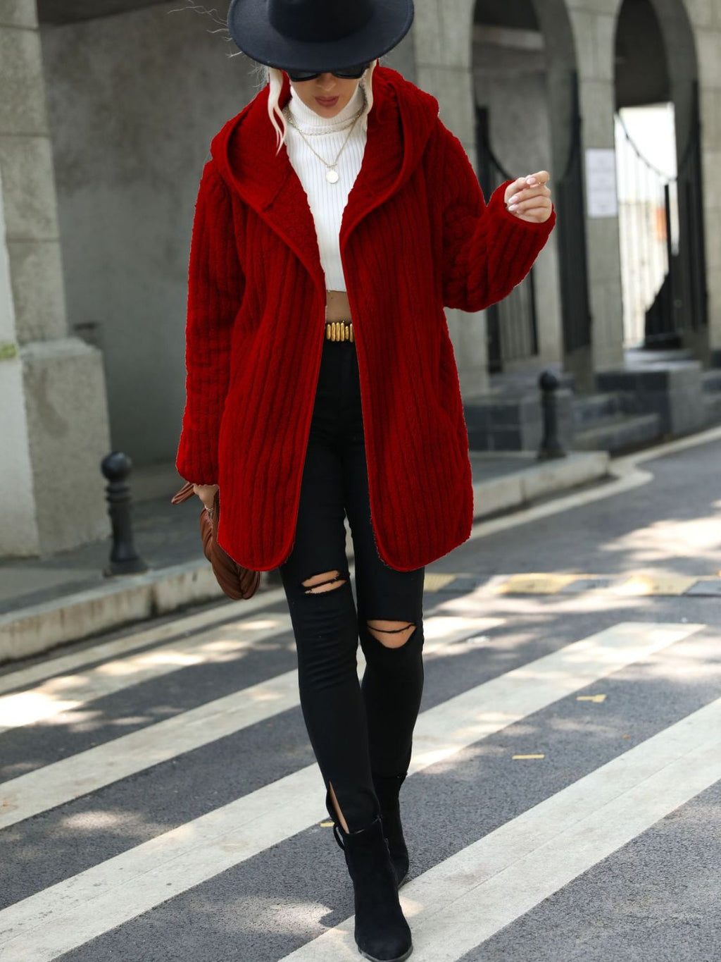 Open Front Ribbed Hooded Coat - Lilixa.store