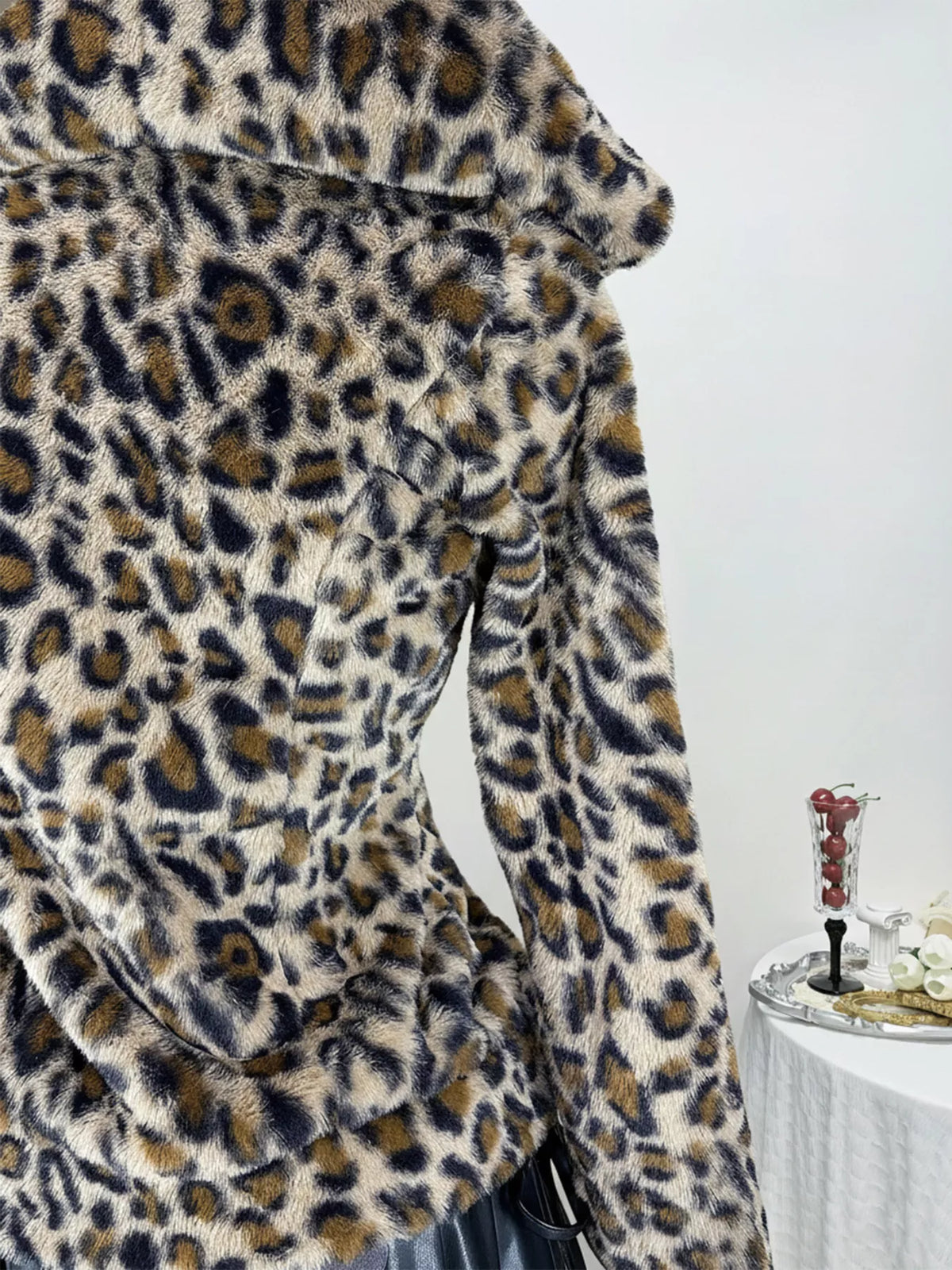 Leopard Plush Zip-Up Hooded Outerwear in Brown, view 7