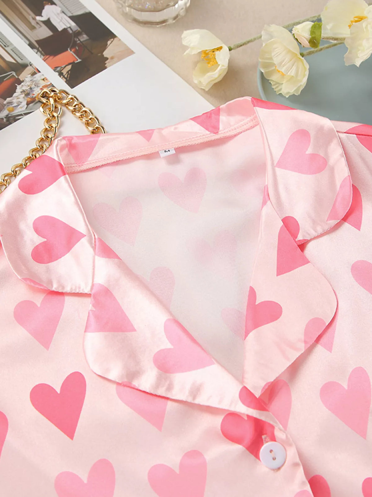 Heart Print Button Up Top and Pants Lounge Set - Lilixa.store