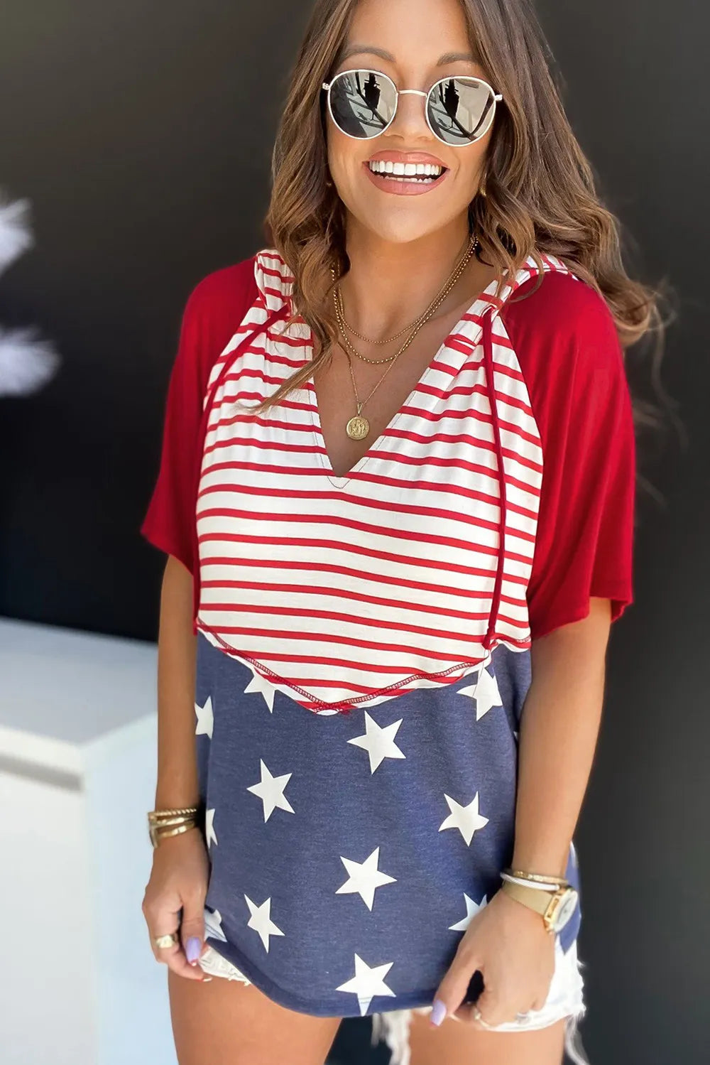 Stars and Stripes Print Drawstring Hoodie - Lilixa.store