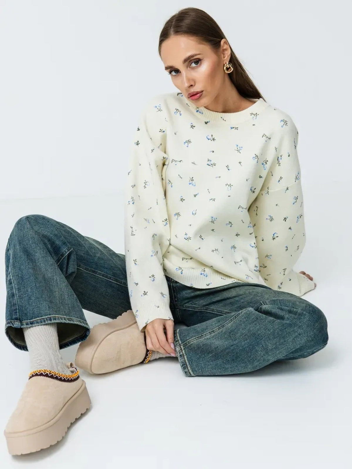 Floral Dropped Shoulder Oversized Sweater, view 4