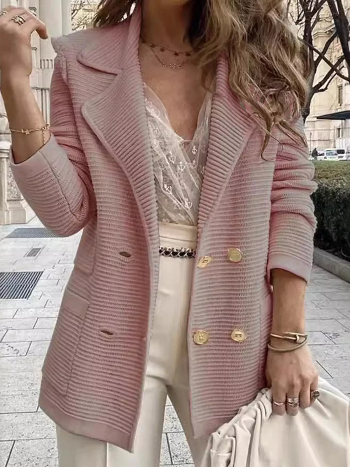 Texture Knit Double-Breasted Blazer - Lilixa.store
