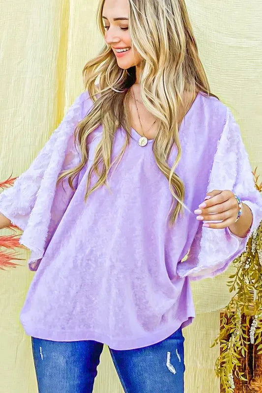 And The Why Feather Detailed 3/4 Sleeve Slub Top in Lilac, view 4