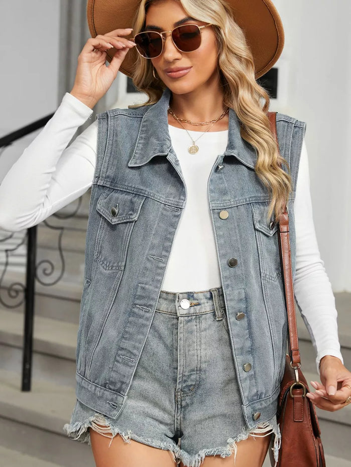 Pocketed Button Up Sleeveless Denim Jacket in Black
