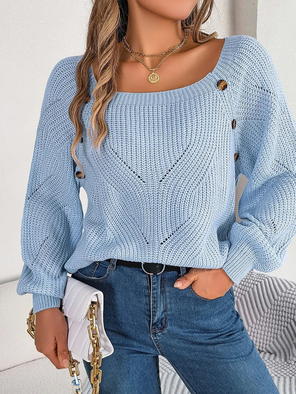 Openwork Buttoned Square Neck Sweater, view 2