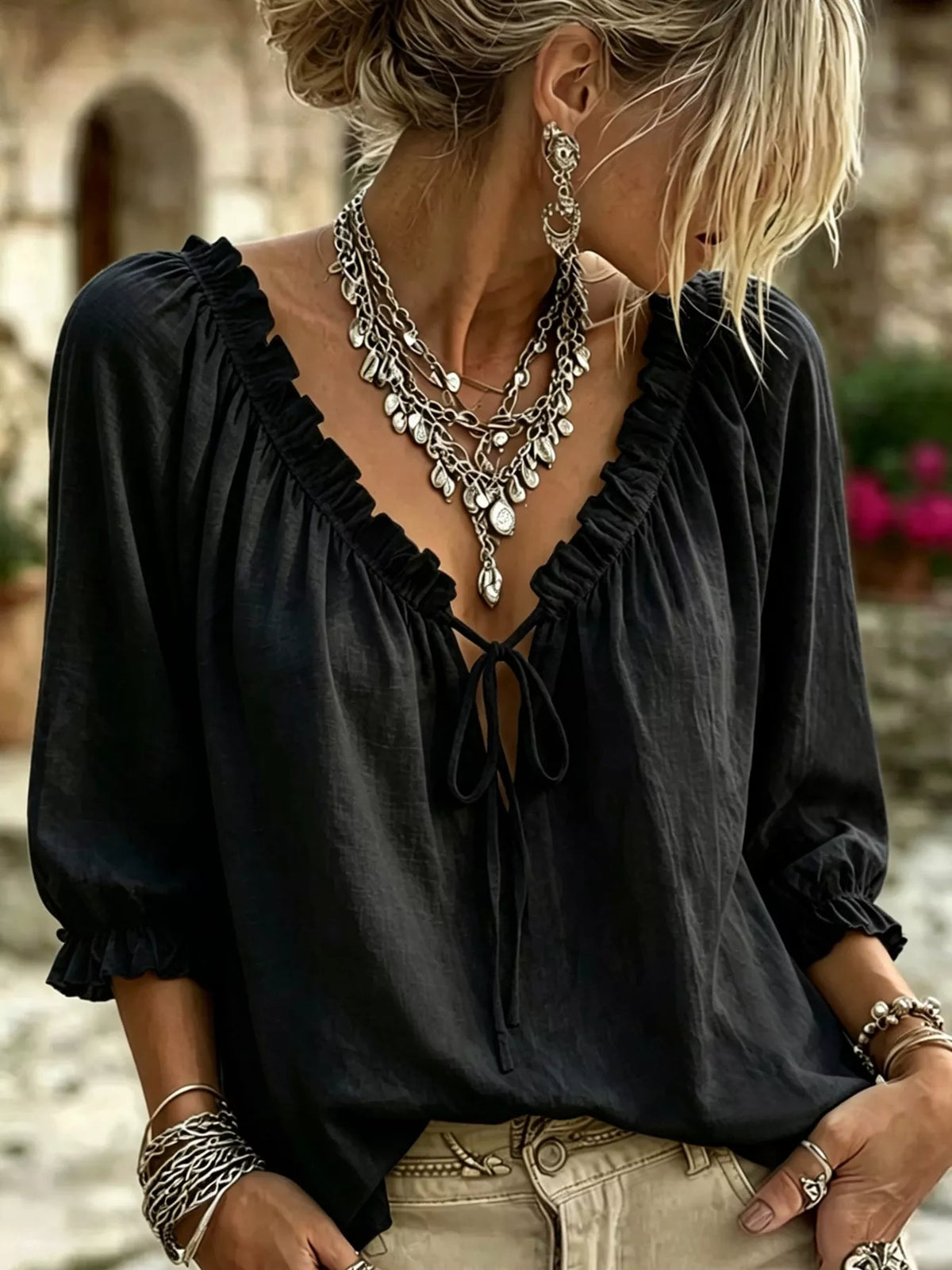Frill Tie Neck 3/4 Sleeve Blouse - Lilixa.store