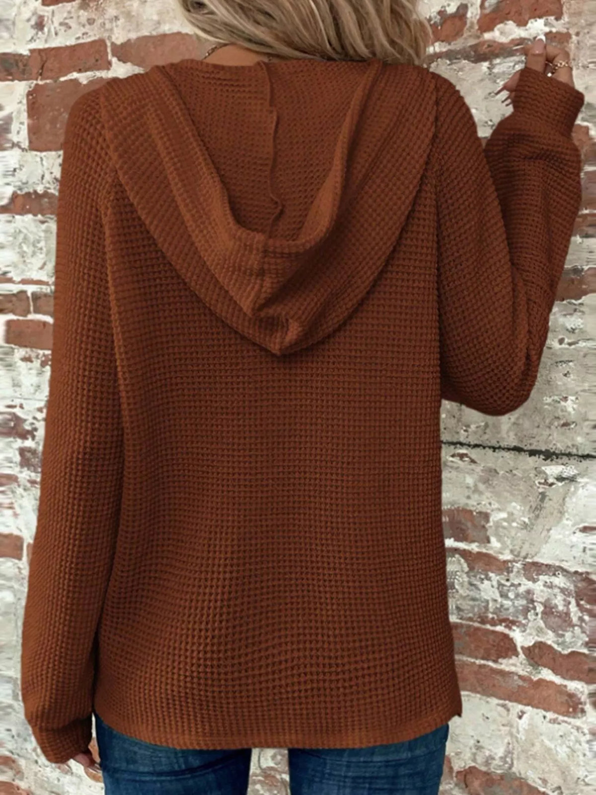 Casual Waffle Knit Button Detail Hoodie - Lilixa.store