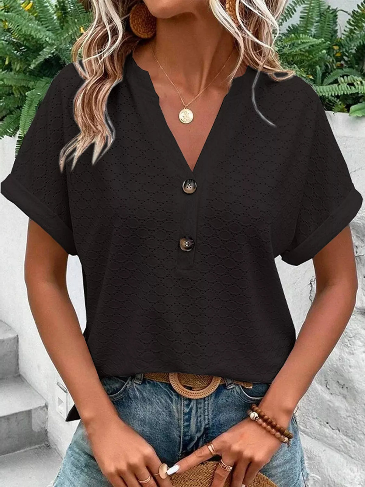 Notched Short Sleeve Top - Lilixa.store