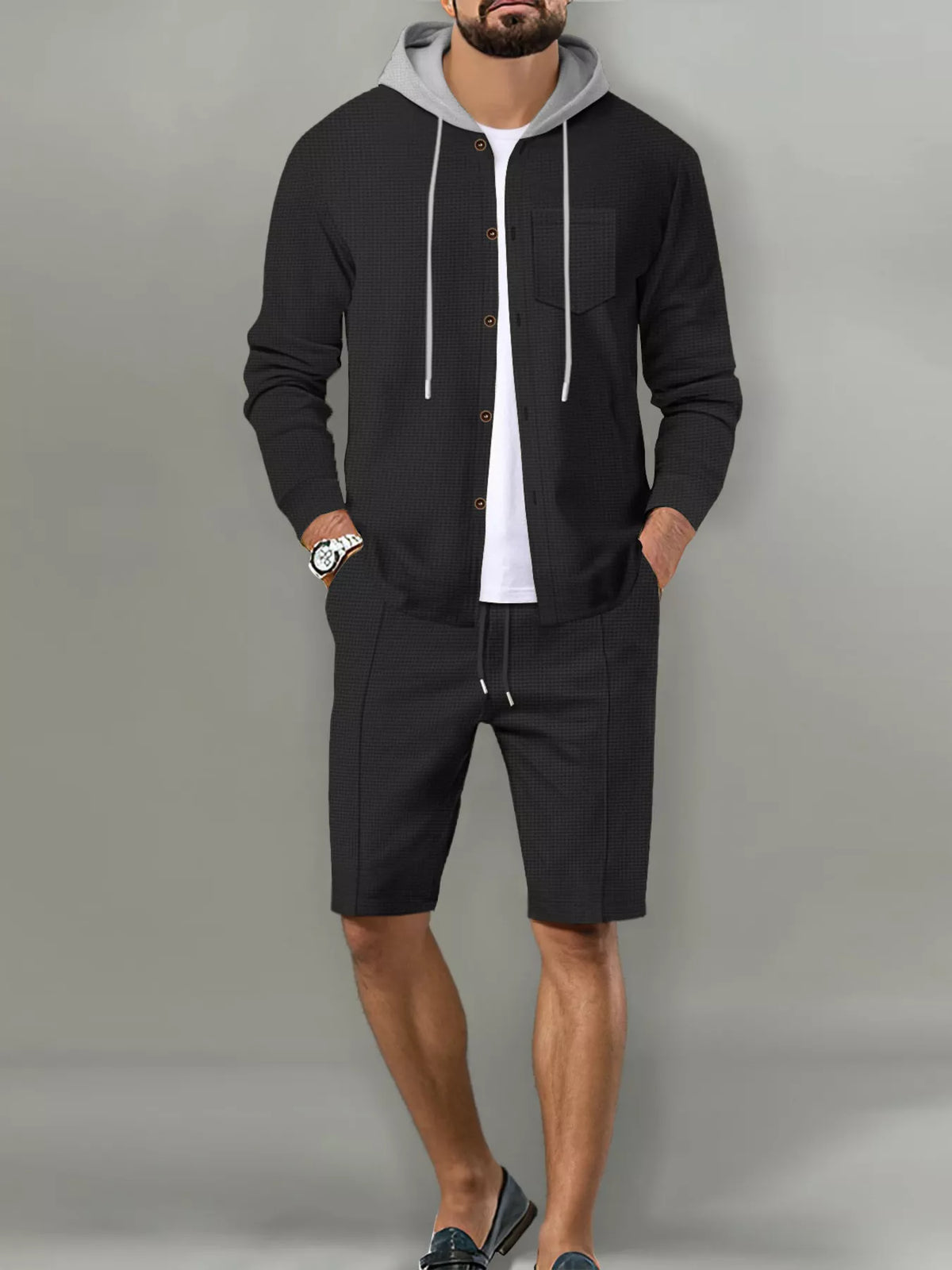 Men's Full Size Casual Hooded Button-Up Top and Shorts Set Plus Size - Lilixa.store