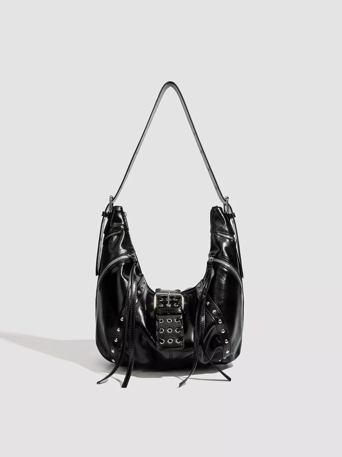 Studded Patent Leather Hobo Shoulder Bag in Black, view 4