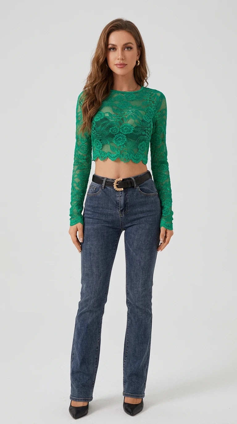 Lace Sheer Long Sleeve Crop T-Shirt in Dark Green